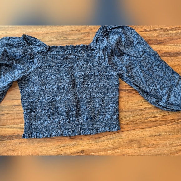 Blue Smocked Puff Sleeve Blouse - Picture 7 of 8